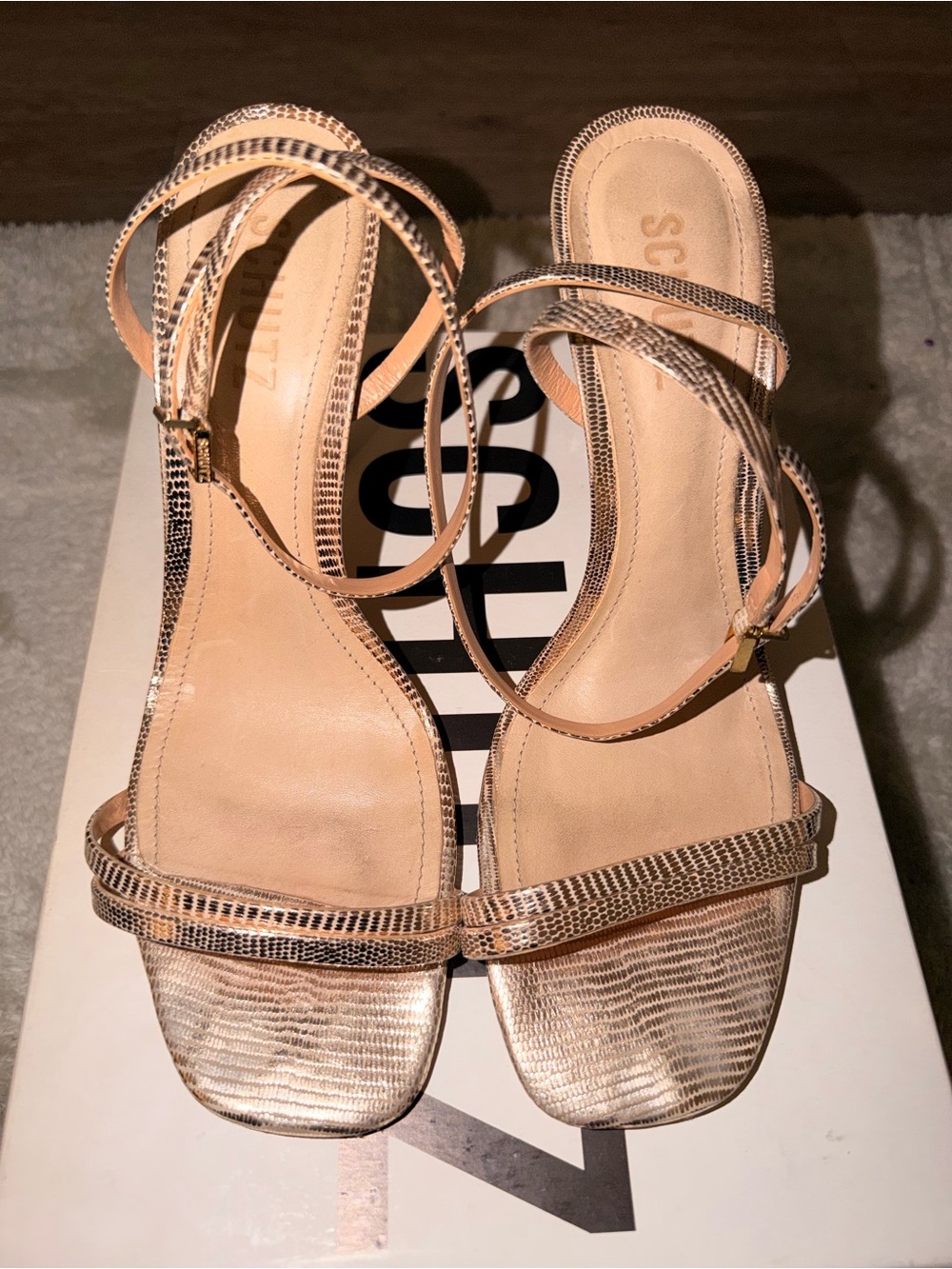 SCHUTZ Metallic Nude Strappy Sandals with Gold Accents